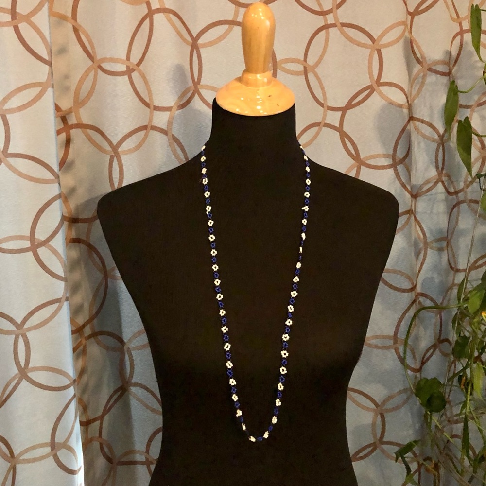 Blue White Black Beaded Floral Slip On Necklace